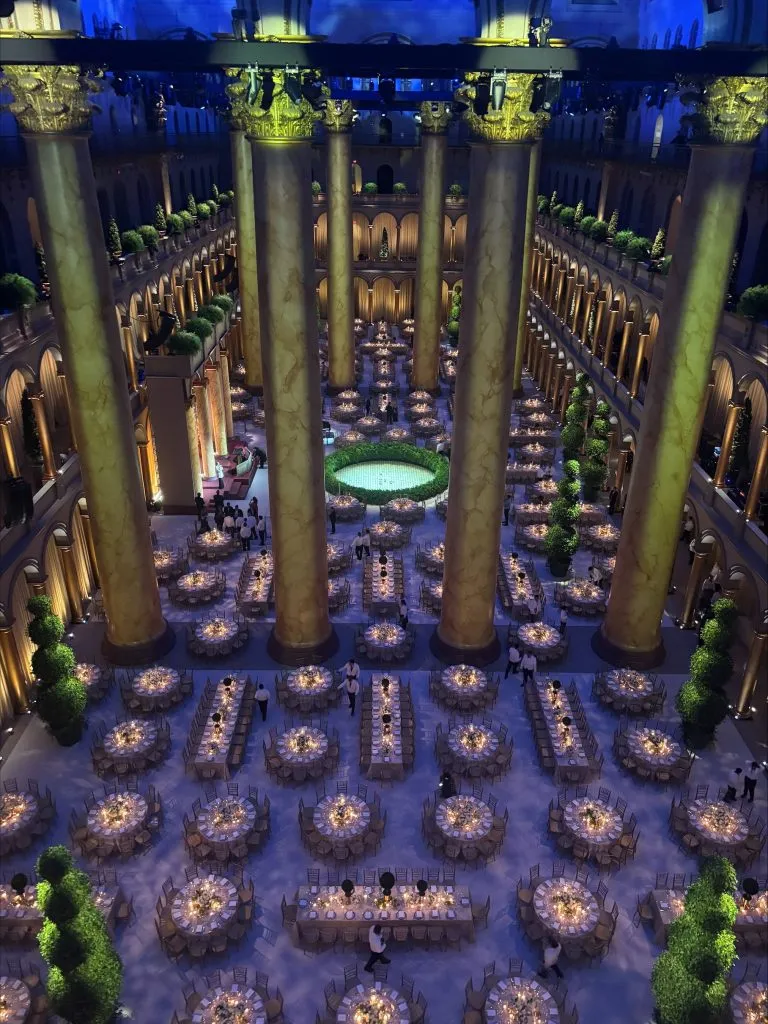 Aerial view of large dinner set up of tables